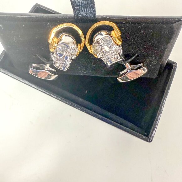 Tateossian London DJ Silver Tone Cufflinks Gold Earphones - Picture 2 of 5